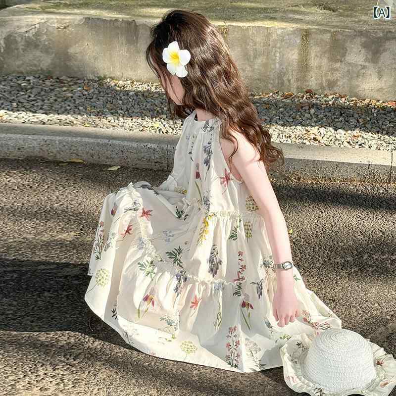女児 ワンピース 夏 春夏 子供服 女の子 8歳以上 中大童 かわいい 甘い プリンセス 気質 ハルタネック ノースリーブ Aライン スカート ミディアムレングス 綿 70% 柔らかい 素材 無地 花柄 プリント フレッシュ 軽量 通気性 吸湿速乾 普段