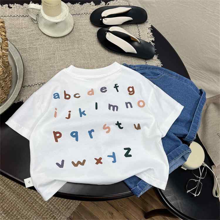 キッズ 男女兼用 夏用 かわいい カジュアル 綿 100% 吸湿速乾 丸首 短袖 ルーズフィット カラフル アルファベット ABC プリント Tシャツ トップス ユニセックス 柔らかい 肌触り 子供 日常使い 遊び着 白 カラーバリエーション 通年対応