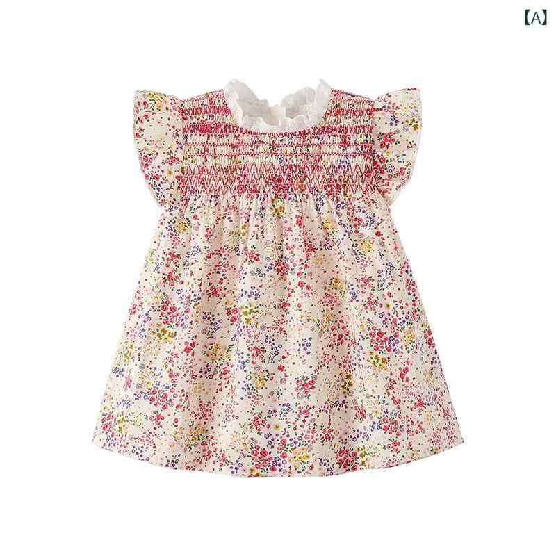 女の子 ワンピース 春夏 ピンク 花柄 プリンセス ドレス 綿 100% 無袖 花辺 Aライン かわいい 柔らかい 肌触り 子供服 女児 1-5歳 無地 花 柄 短め スカート 軽量 通気性 吸湿 速乾 日常使い ガーリー スタイル 2
