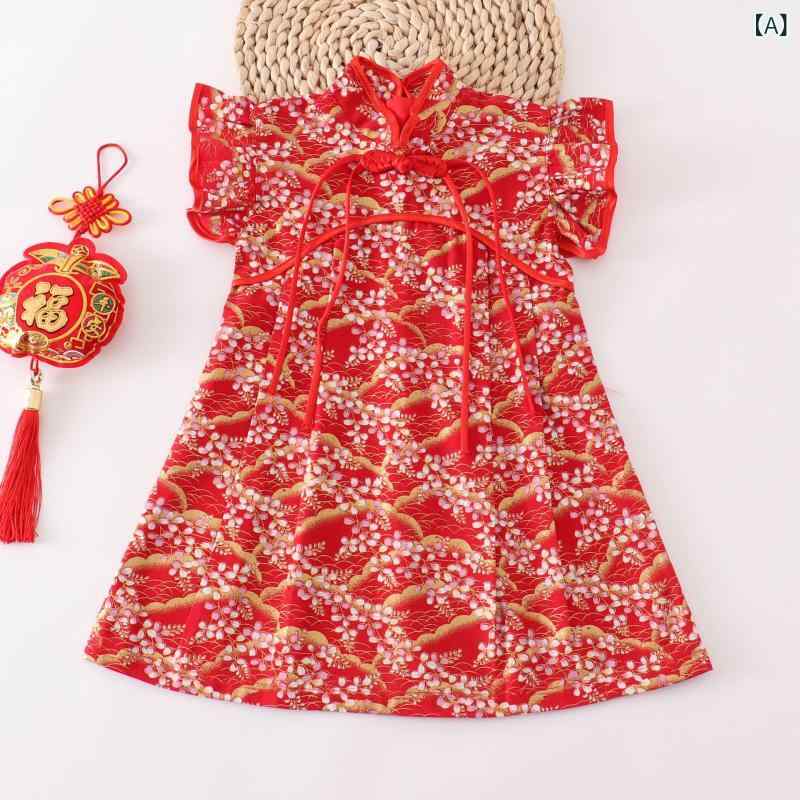 女児ワンピース 子供用 中国風 赤 花柄 綿100% Aライン フレアスカート かわいい 赤系 ピンク系 バラ色 桃色 ワインレッド スイカレッド ビビッドピンク レンガ色 ダークピンク クリムゾン ダークレッド ライラック ローズカラー 3〜8歳 10