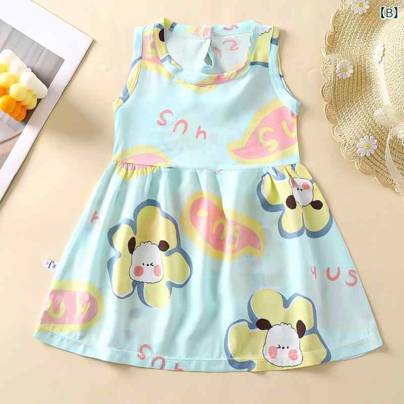 女児 ワンピース 春夏 子供服 かわいい フラワープリント Aライン スカート 接触冷感 ポリエステル 再生繊維 軽量 通気性 3〜8歳 100〜140cm ブルー系 グレー系 ホワイト系 ピンク系 グリーン系 パープル系 ブラック系 ベージュ系 フルー 3