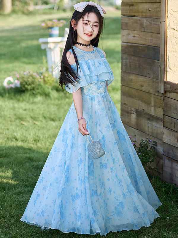 女の子 ワンピース 夏 春夏 子供 女児 中学生 大学生 プリンセス風 花柄 ロング丈 フレアスカート 雪纺 ポリエステル 柔軟素材 短袖 切り替えスカート 軽量 通気性 かわいい ビーチ 普段使い 水墨ブルー ピンク 紫 120cm 130cm 140