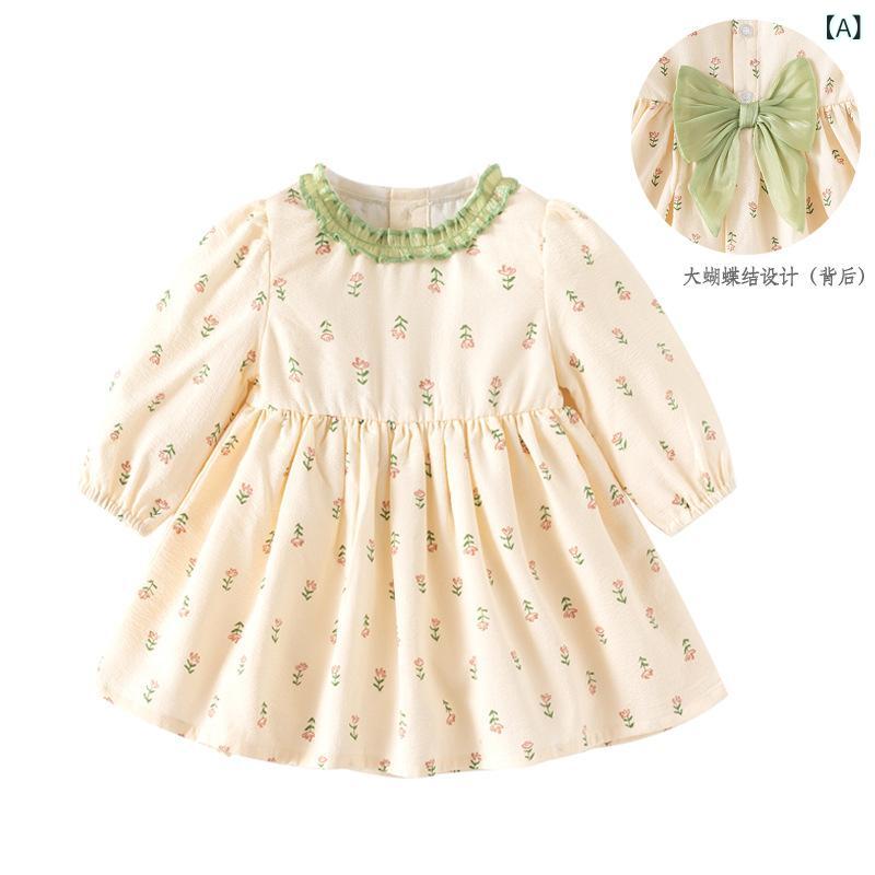 女児用 ワンピース 春秋 花柄 かわいい Aライン コットン ポリエステル ベビー 幼児 田園 スタイル 米黄色 軽量 通気性 1〜3歳 80〜100cm