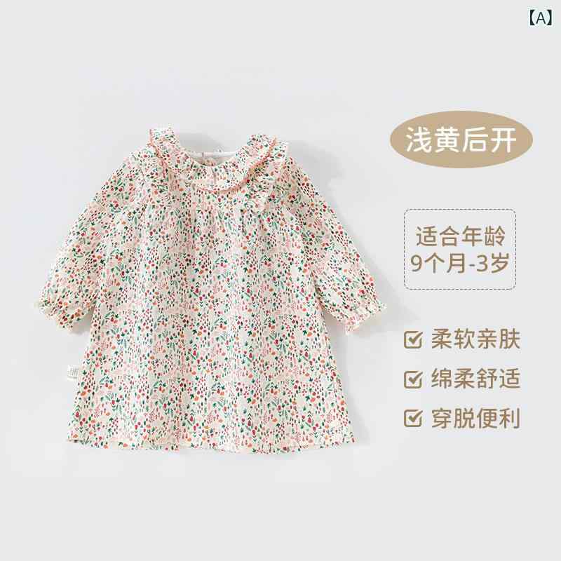 女児用 プリンセスドレス かわいい 花柄 長袖 コットン 100% 100%綿 A字スカート 花辺 甘い 秋冬 ベビー 女の子 外出用 通学 普段使い 軽量 伸縮性 安全素材 1〜3歳 80〜110cm 浅黄色 後開き