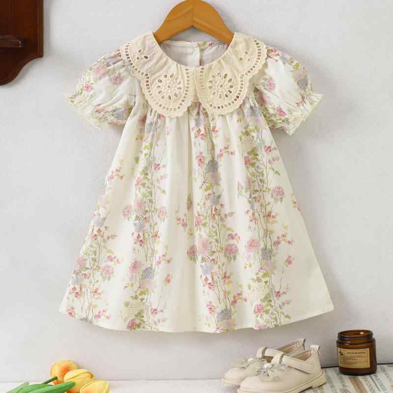 女の子 連衣裙 夏用 綿素材 かわいい 花柄 短袖 無袖 切り替え デザイン 柔らかい 肌触り Aライン スカート プリンセス スタイル 3～8歳 中小童用 女児 ワンピース トップス 日常着 軽量 通気性 吸湿 速乾 かわいい プリンセスドレス 花のモ