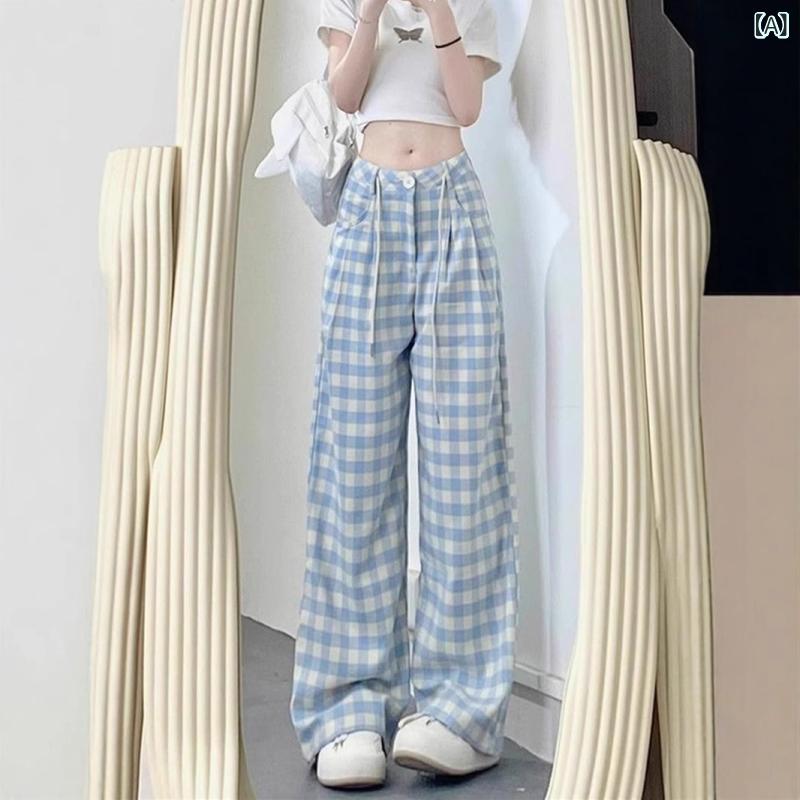 レディース ワイドパンツ 夏 ブルー チェック柄 高腰 ストレート ロング 薄手 ポリエステル 95%以上 韓国風 微弾性 ポケット ボタン ドローストリング 切り替え ゆったり スリム 効果 軽量 通気性 涼しい 普段使い カジュアル デイリー コーデ
