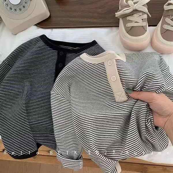 キッズ 長袖 Tシャツ 男の子 女の子 ユニセックス コットン 綿混 伸縮性 ストライプ柄 トップス 秋冬 春季 軽量 柔らかい 普段使い 遊び着 部屋着 グレー系 ブラック ベージュ ストリップ 3〜8歳 100〜140cm