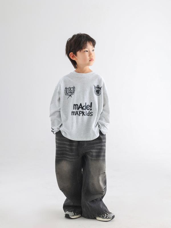 キッズ 男の子 トップス 長袖Tシャツ 秋 春 綿 全コットン 柔らか素材 吸湿排汗 丸首 韓国風 運動スタイル かわいい トレンド ゆったり インナー 麻灰 カジュアル 普段使い