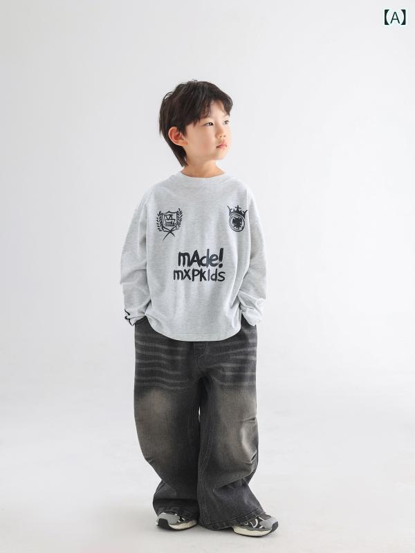 キッズ 男の子 トップス 長袖Tシャツ 秋 春 綿 全コットン 柔らか素材 吸湿排汗 丸首 韓国風 運動スタイル かわいい トレンド ゆったり インナー 麻灰 カジュアル 普段使い