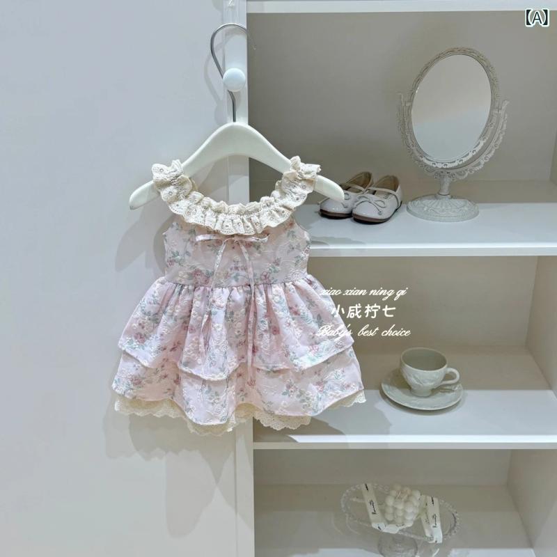 女の子 ワンピース 春夏 かわいい 小花柄 Aライン 綿素材 柔らかい ふんわり袖 花辺 ピンク ブルー 3～8歳 女児 夏服 軽やか プリンセス風 通気性 かわいい 子供服 日常使い ソフトタッチ