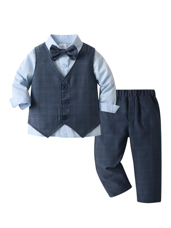 Top & Bottom Sets - キッズ 男の子 英倫風 3ピース スーツ セット 長袖 シャツ ベスト 長ズボン 格子柄 コットン 柔らかい 素材 春秋 シーズン フォーマル 誕生日パーティー 普段使い かわいい 蝶結び アクセント 紺色 シングルブレスト 3〜8歳 中小児 対応 伸縮