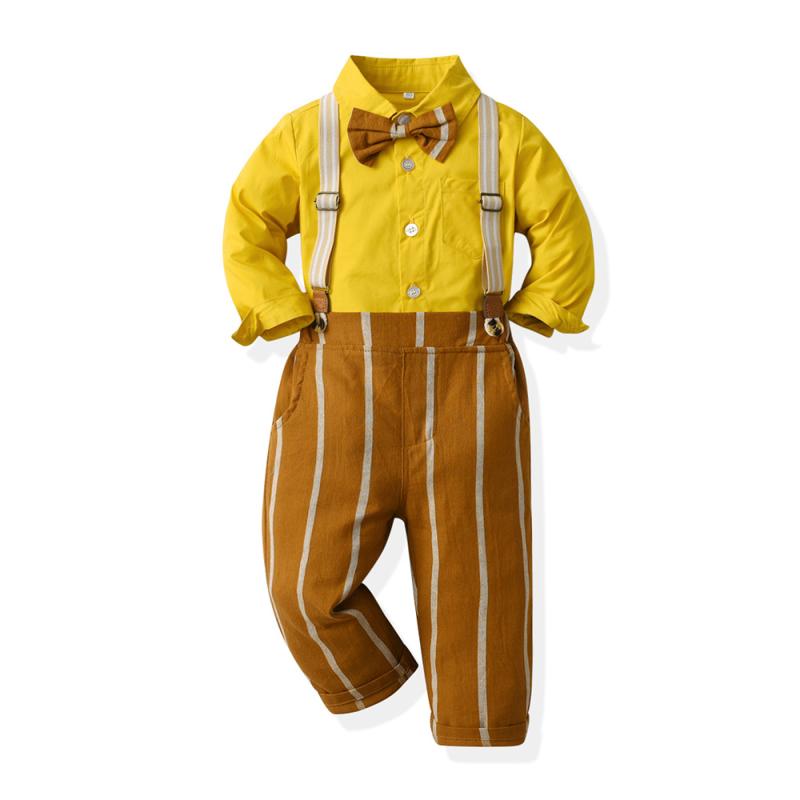 Top & Bottom Sets - キッズ 男の子 春秋 長袖 コットン トップス 長ズボン セット 条紋 パターン 長袖シャツ 長パン 組み合わせ ラフスタイル 英倫風 トレンド イエロー ブラック カラー 伸縮性 快適 普段使い 成長期対応 140cm以上 中大児童