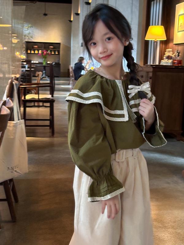 其它 - 女児 セットアップ 秋 子供服 韓風 スタイリッシュ トップス ワイドパンツ 長袖 長ズボン コットン 100% 綿素材 純色 緑 上衣 ベージュ パンツ ミディアム厚 8歳以上 中大童 成長用 120cm 130cm 140cm 150cm 160cm