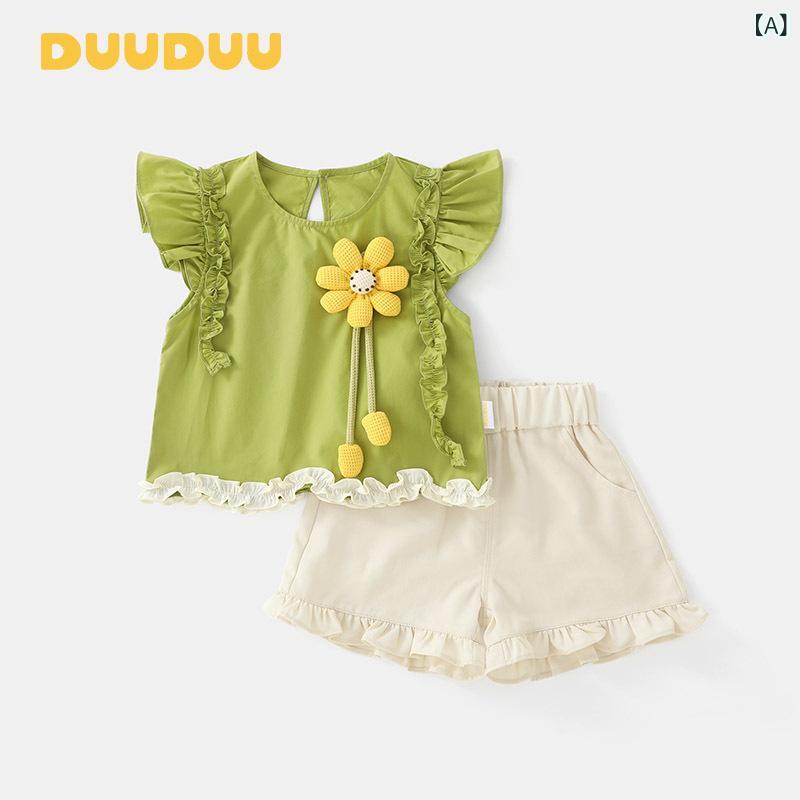 子供服 男女兼用 夏 薄手 綿100% 短袖Tシャツ ショートパンツ セット 1-5歳 80-120cm 緑 花柄 純色 柔らかい肌触り 吸湿速乾 通気性 日常着 遊び着 韓風 キャンディー柄 スタイリッシュ 軽量 涼しい 室内外対応