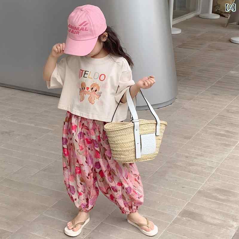 女児 キッズ 女の子 夏服 短袖 トップス 九分 ショートパンツ 綿混 ポリエステル 柔らかい 薄手 軽量 吸湿速乾 接触冷感 かわいい カートゥーン柄 セット 2点 セットアップ 子供服 ベビー 幼児 3〜8歳 中小児 90〜140cm ピンク系 パス 2