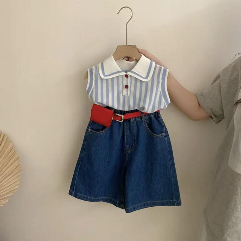 女の子 夏服 トップス セット 綿 薄手 接触冷感 ポロ 背心 ストライプ 柄 デニム 七分丈 ズボン かわいい 韓流 スタイル 柔らか素材 吸湿速乾 通気性 良い 普段使い 3～8歳 中小 子供服 ライトブルー アクセント カジュアル コーデ