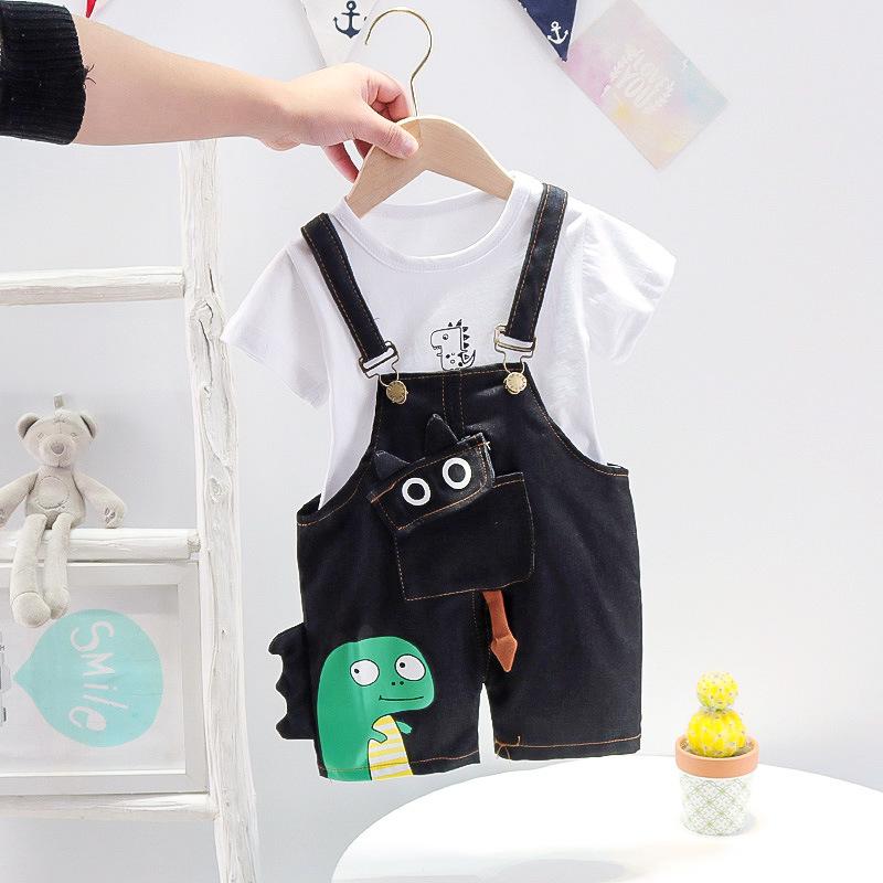 キッズ 男の子 デニム 背広パンツ セット 短袖 トップス 恐竜プリント 綿素材 吸湿速乾 伸縮性 軽量 夏服 浅青色 紺色 1歳 2歳 3歳 4歳 通年対応 普段使い カジュアル 子供服 男児 幼児 デニムセット 恐竜柄 涼しい ソフト 快適