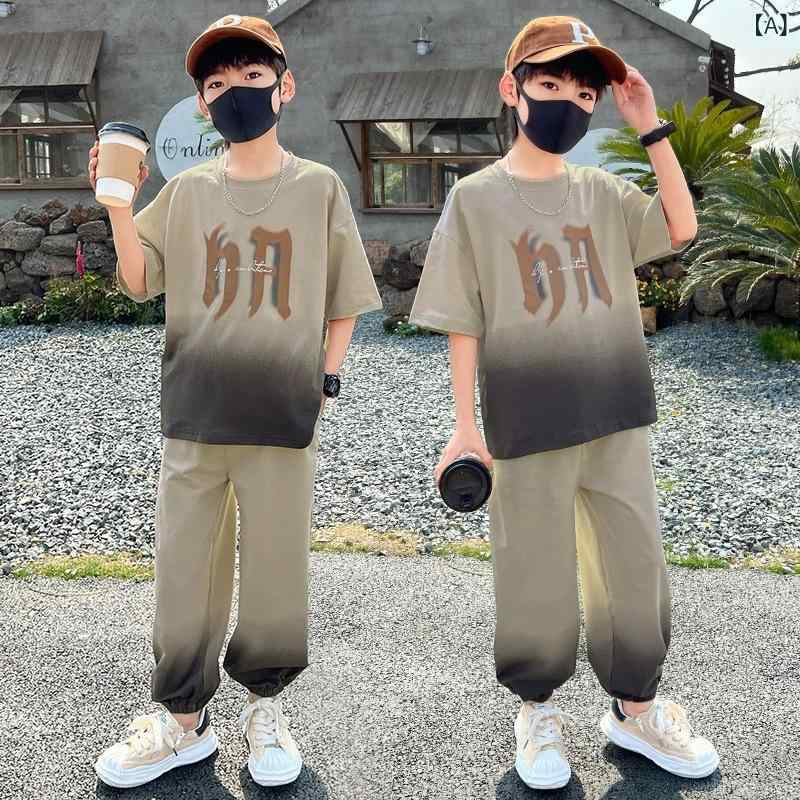 キッズ 男の子 夏用 運動 休闲 セットアップ 漸変 短袖 Tシャツ 長ズボン 薄手 柔らかい ポリエステル 綿混 吸湿速乾 グレー グリーン 120cm 130cm 140cm 150cm 160cm 170cm 伸縮性 普段使い アウトドア 子供服
