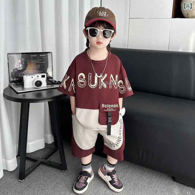 キッズ 男の子 夏服 短袖 トップス ショーツ 2点セット 薄手 綿混紡 柔らかい素材 吸湿速乾 アルファベット柄 ワインカラー グレー 3～8歳 100～140cm 身長対応 普段使い カジュアル スポーツ要素 軽量 伸縮性 接触冷感 夏向け 通勤なし