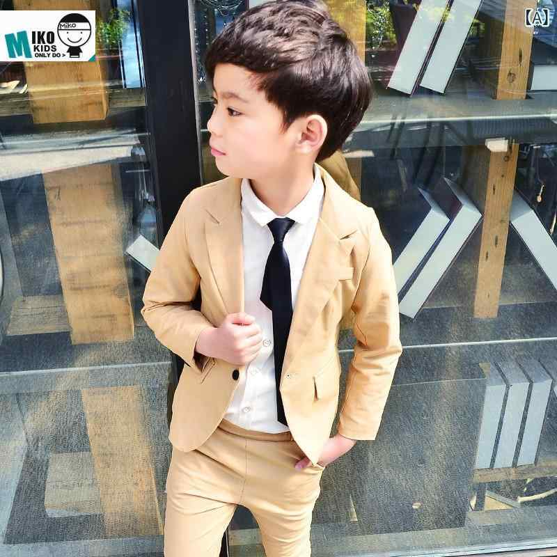 男の子 スーツ セット 子供 礼服 英倫スタイル 長袖 長ズボン 綿素材 純色 シャンパンカラー かき色 黒パンツ 白シャツ 黒ネクタイ 春秋 セットアップ フォーマル 子供服 3〜8歳 中小童 100〜140cm 普通厚み トレンド要素 安全B級 一粒