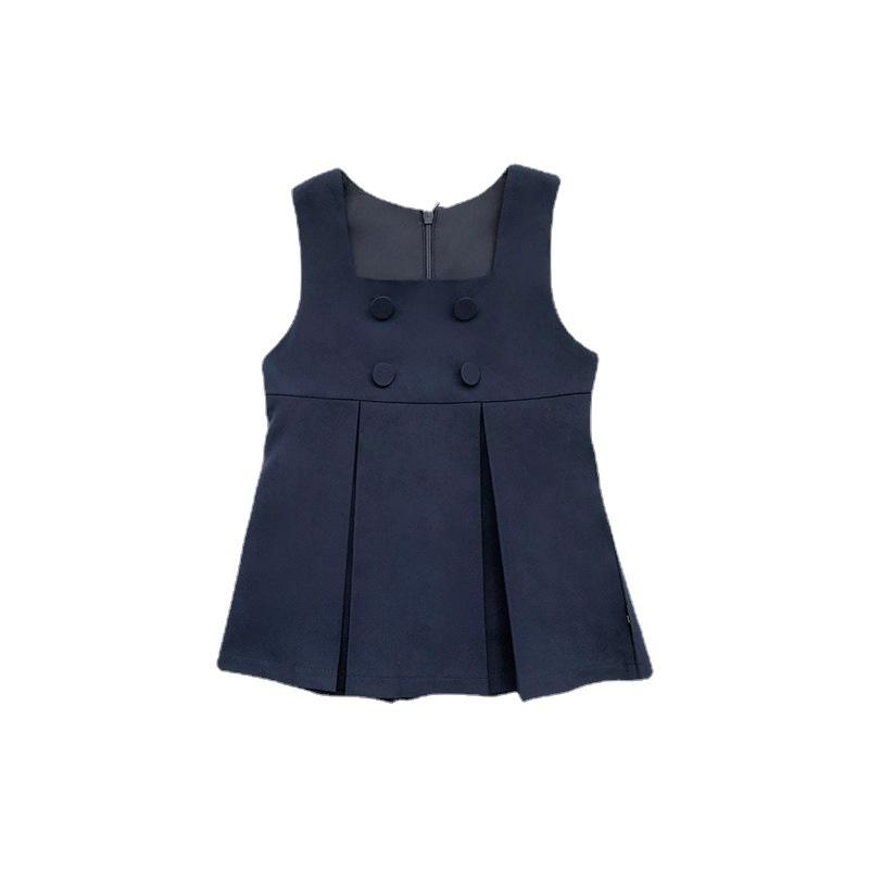 キッズ 女の子 学院風 春夏 ワンピース セット 短袖 シャツ 背心スカート 純色 綿 ポリエステル 100-140cm 3-8歳 幼稚園 JK 制服 スタイル 単排扣 普通厚 夏 普段使い カジュアル 軽量 通学