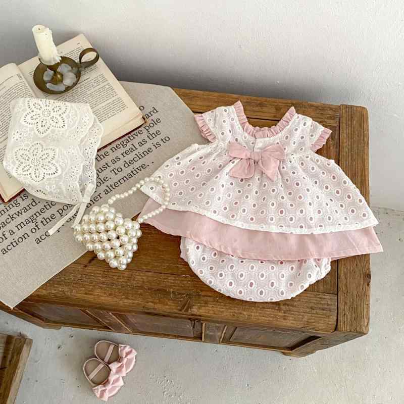 ベビー 女の子 夏服 トップス ショートパンツ セット かわいい ピンク 無袖 薄手 純綿 100% 接触冷感 吸湿速乾 軽量 通気性 甘め デザイン 切り替え 装飾 1-3歳 66-100cm
