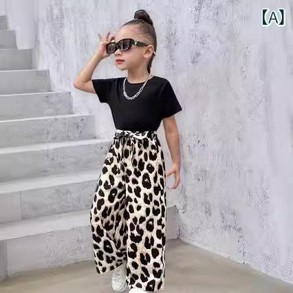 女児 夏 トップス ロングパンツ セット ヒョウ柄 かわいい 切り替え スタイリッシュ ポリエステル 薄手 柔らかい 接触冷感 吸湿速乾 ブラック 3～8歳 普段使い カジュアル 子供服