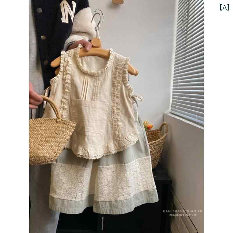 乐天商城 - キッズ 女の子 無袖 トップス 刺繍 レース ベビー シャツ セット 七分 丈 ズボン 薄手 綿 素材 春夏 コットン 混紡 かわいい デザイン 日常 着用 軽量 通気性 ピュア カラー 森ガール 風 トレンド スタイル 子供服 女児 ファッション 吸湿