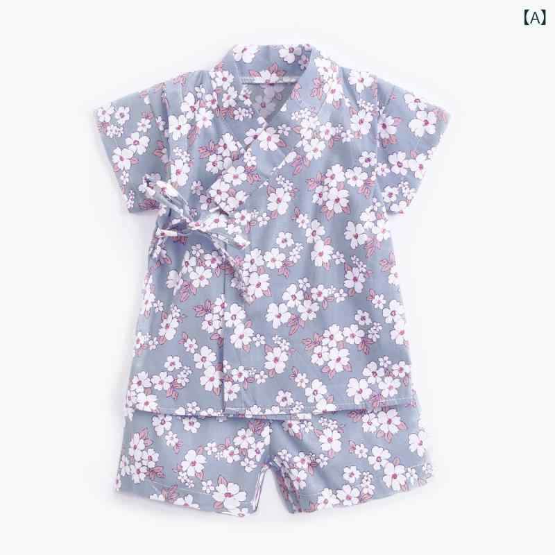 ベビー 男女兼用 夏 桜花柄 浴衣風 居家服 短袖 短パン セット 綿100 柔軟 安全 A級 花柄 かわいい 印花 0-24ヶ月 桜花 ピンク ブルー 軽量 通気性 吸湿 速乾