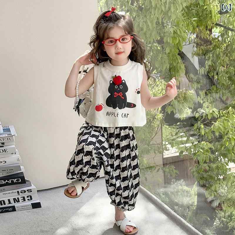 女児 夏用 トップス ワイドパンツ 2点セット 子供服 ベビー 女の子 無袖 九分丈 綿混紡 柔らかい 動物プリント カード 米白色 軽量 通気性 吸湿速乾 日常使い 夏 春夏 カジュアル 動きやすい かわいい スタイル