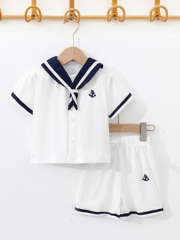 ベビー 男の子 女の子 夏用 短袖 水手服 セット 綿 薄手 柔らかい 素材 かわいい 学院風 キャンバス柄 トップス 短パン 2点セット 吸湿速乾 軽量 通気性 ミルクホワイト ネイビー 赤ちゃん 服 休日着