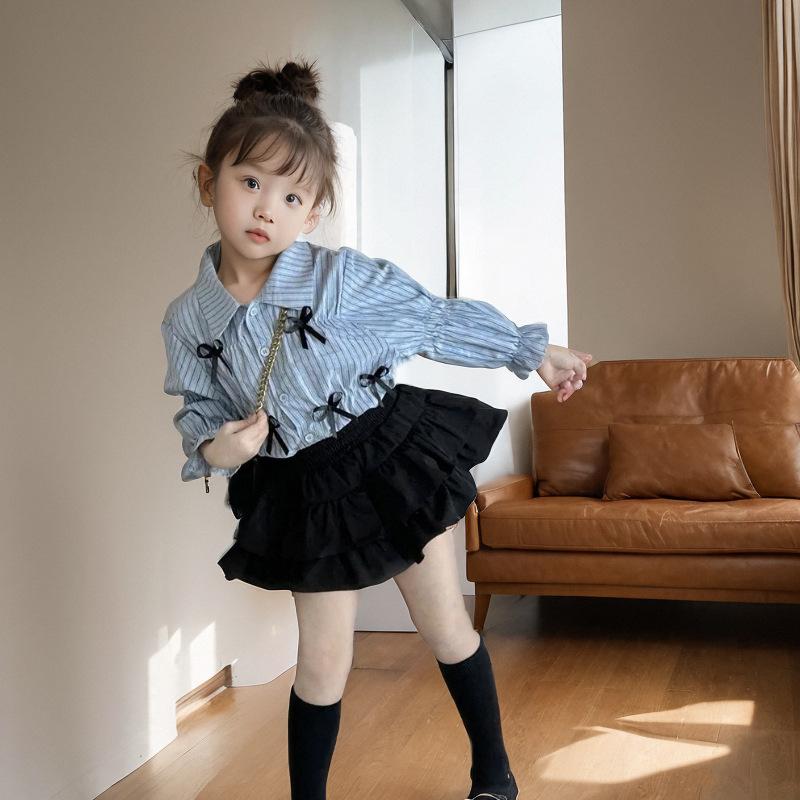 女児 トップス シャツ 長袖 ストライプ 蝶結び 綿 伸縮性 かわいい スカート ハー...