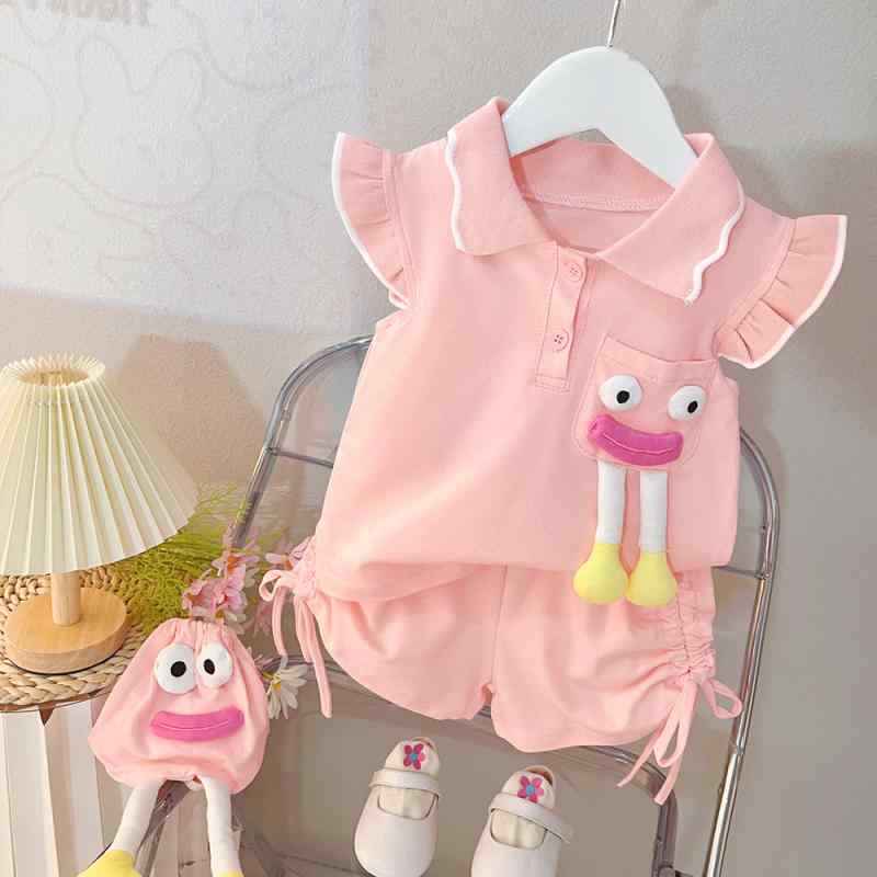 女児 ベビー 夏季 かわいい プリンセス トレンド 綿 薄手 短袖 ポロシャツ ショートパンツ 2点セット 80cm 90cm 100cm 110cm 120cm ピンク イエロー ポロ襟 カードプリント 通気性 吸湿速乾 韓風 カジュアル 日常着