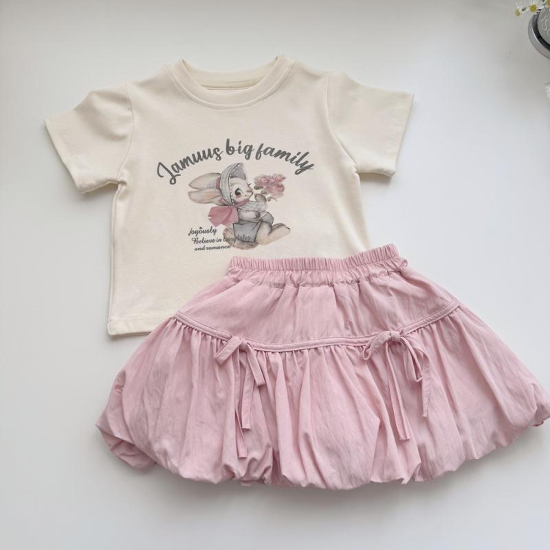 女児 かわいい ウサギ プリント 綿 トップス スカート セット 夏 ピンク アイボリー かわいい デザイン 柔らかい 肌触り 通気性 軽量 ビッグシルエット 普段使い 遊び着 1-3歳 80-100cm