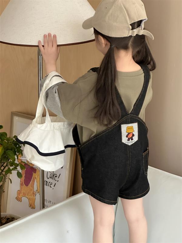 キッズ 男女兼用 牛仔 背带 短パンツ 綿 素材 柔軟 処理 卡通 柄 黒 色 春夏 シーズン ファッション 韓国風 スタイル 普通 厚み カジュアル デニム ハーフパンツ 子供用 日常 着用 伸縮性 快適 フィット