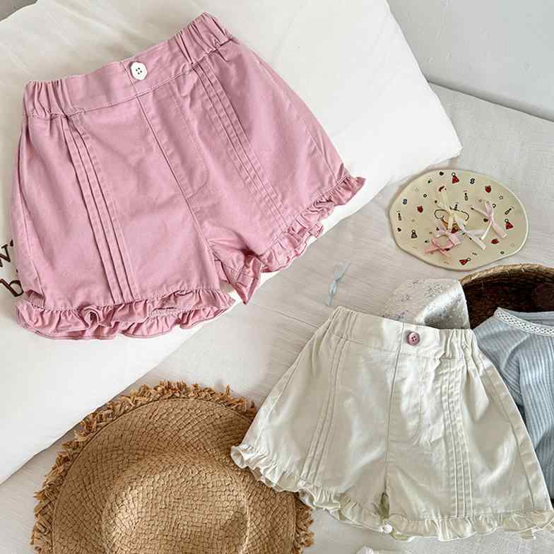 Occidental Goods - キッズ 男女共用 牛仔 短パン 花辺 デザイン 綿素材 夏用 通気性 軽量 かわいい スタイル ピンク ホワイト 中腰 3-8歳 80-120cm