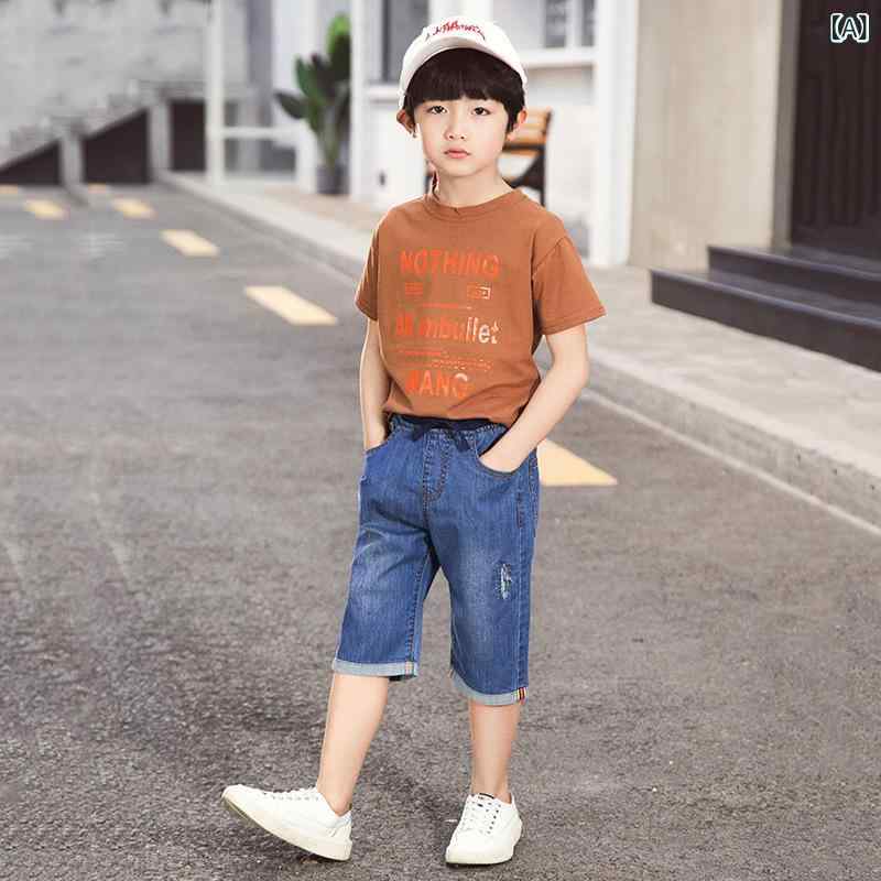 남아 여름용 牛仔 짧은 빵 7분 길이 데님 면 소재 유연 처리 깊은 블루 순색 미드 라이즈 고무 웨스트 아이 보이즈 키즈 동장 통년 평상시 사용 캐주얼 스타일 신축성 흡습 속건 경량 쾌적 신장 100cm~1
