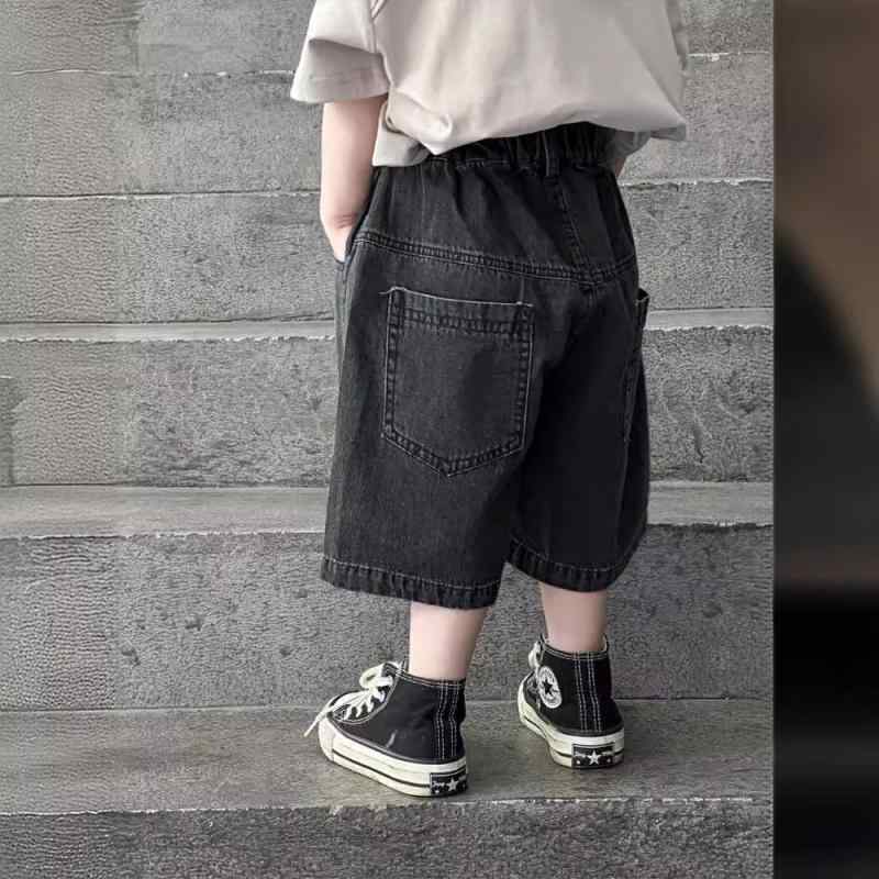 キッズ 男の子 女の子 牛仔 短パン 夏用 綿100% 柔軟素材 切り替えデザイン プリント 字母柄 ヒップホップ ストリート カジュアル 普段使い 伸縮性 高腰 ブラック ブルー 3〜8歳 90〜130cm