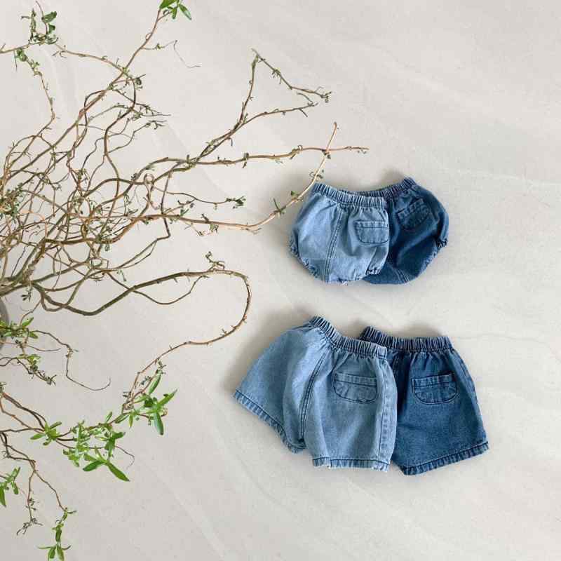 キッズ 男女 ベビー デニム 短パン 夏用 灯笼パンツ 綿素材 柔らかい 接触冷感 軽量 吸湿速乾 ポケット付き 中腰 皮バンド 切り替えデザイン 純色 深青 浅青 ビンテージ加工 1-3歳 通年 室内外遊び 普段使い 伸縮性 安全A級