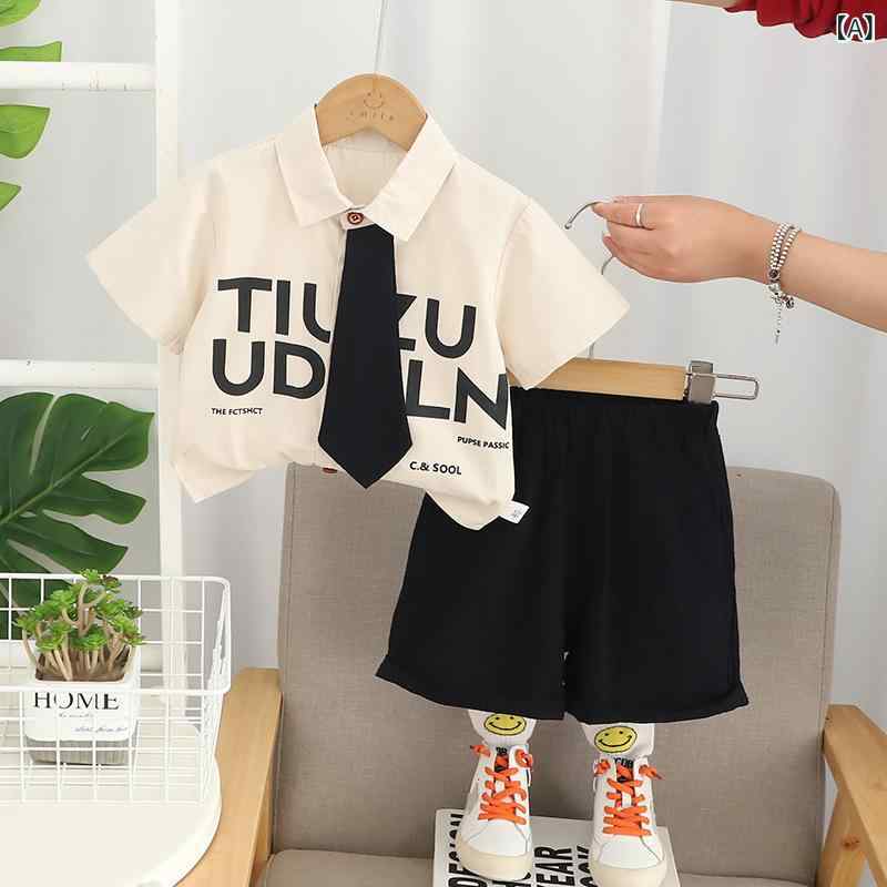 キッズ 男女兼用 夏用 綿100% 短袖 シャツ 短パン 2点セット 薄手 アルファベット柄 印花 韓風 キャンパススタイル 杏色 ライトグリーン 80-130cm 吸湿速乾 柔らかい肌触り 軽量 日常着 アウトドア 遊び着