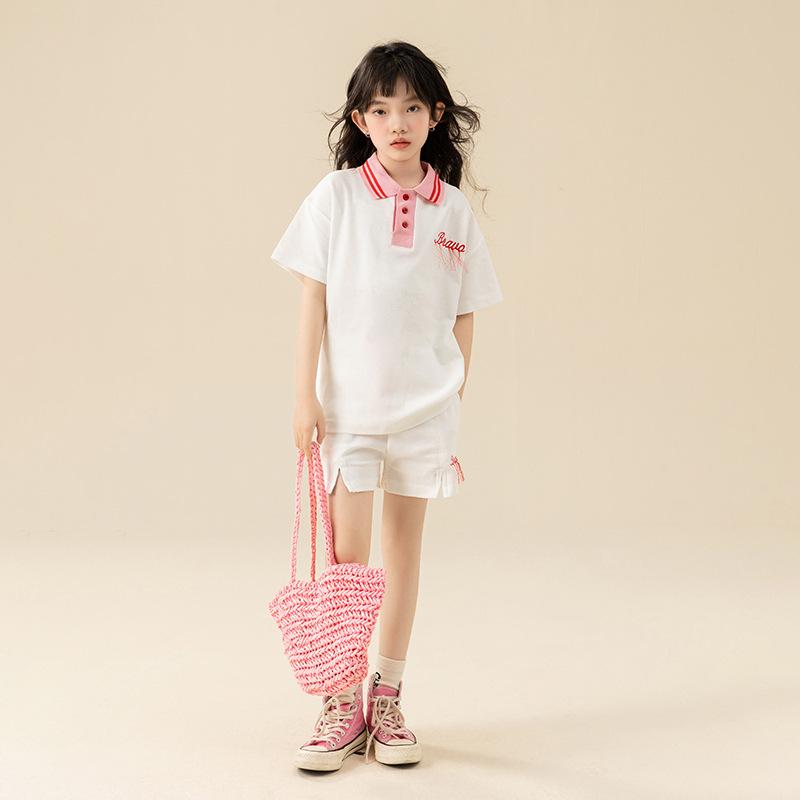 女児 夏 トップス ショーツ セット 綿 素材 柔らかい 薄手 短袖 短パン 白色 かわいい スタイリッシュ 子供 運動 服 普段使い 伸縮性 吸湿速乾 軽量 8歳以上 140cm以上