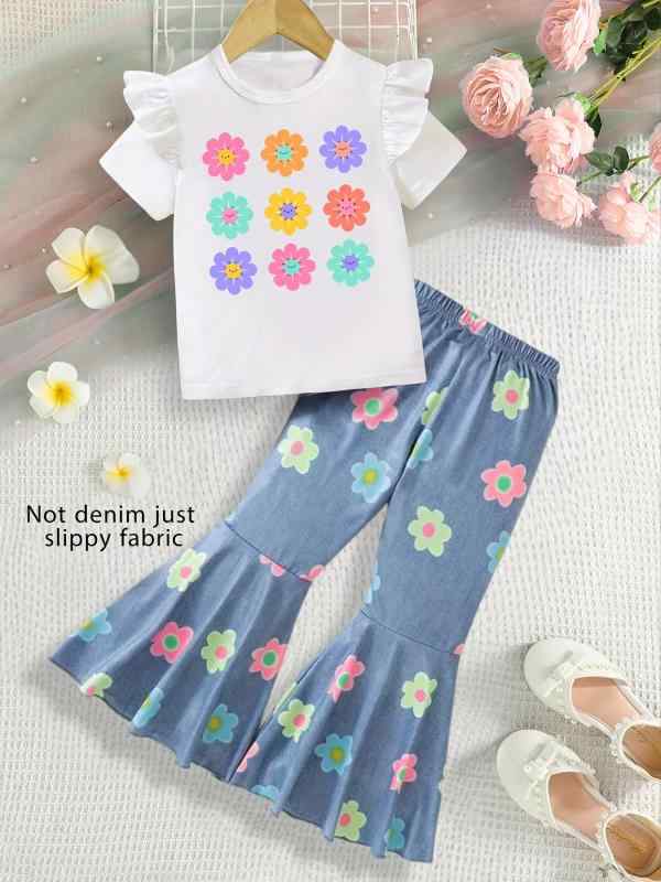 女児服 女の子用 子供服 キッズ 女児 トップス 短袖 トップス シャツ 丸首 半袖 半袖シャツ 半袖トップス 九分丈パンツ 半ズボン 薄手 柔らかい素材 ポリエステル混紡 化繊混紡 涼しい 吸湿速乾 切り替えデザイン 多彩花柄 花柄プリント カラフル