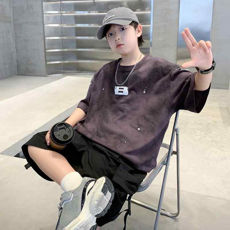 男児 夏 綿 接触冷感 短袖 Tシャツ セット 子供 男の子 涼しい 柔らかい 薄手 インナー トップス ルーズフィット 字母 プリント 韓流 ファッション 短パン 工装風 運動 セットアップ ベーシック カラフル コットン95% 吸湿速乾 夏服 通気性