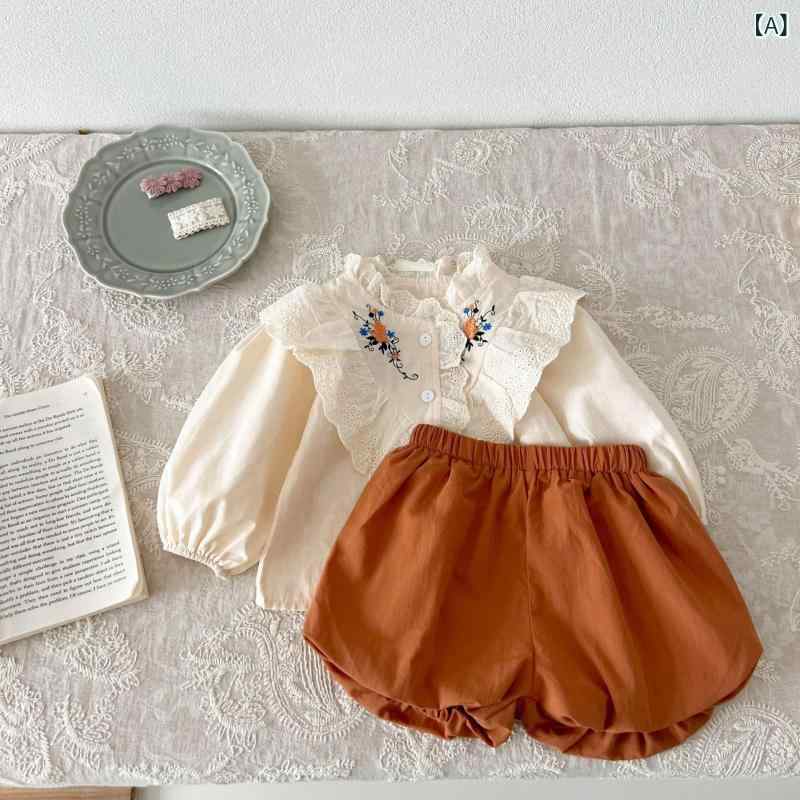 女児 秋 長袖 刺繍 シャツ 花柄 短パン セット 綿 甘め スタイル 長袖 トップス ショートパンツ 組み合わせ 柔らかい 肌触り 1-3歳 ベビー 幼児 服 通年 かわいい デザイン 軽量 吸湿性 2