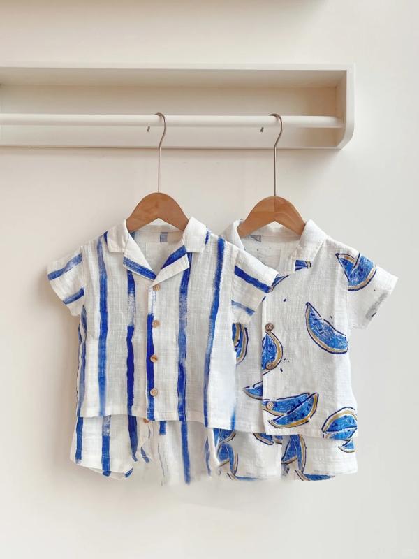 男児 夏服 セット ポロシャツ 短パン 綿100 薄手 ストリートスタイル 3-8歳 中小童 北欧風 シンプル 条紋柄 西瓜プリント 短袖 吸湿速乾 軽量 通気性 普段使い 子供服 男の子 トップス ボトムス 組み合わせ かわいい カジュアル