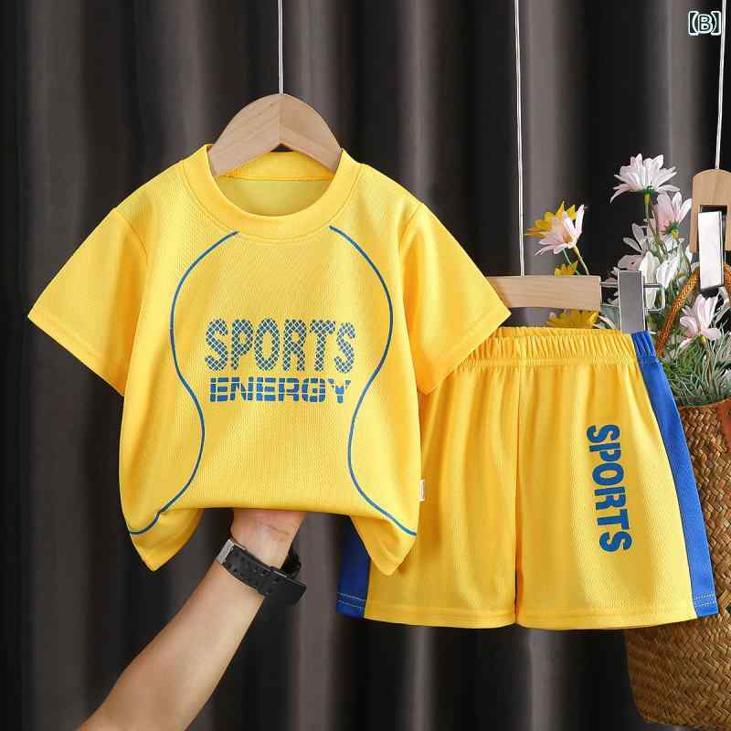 キッズ スポーツウェア ユニセックス 短袖 ラウンドネック 吸汗速乾 薄手 セットアップ 短パン 夏用 通気性 ポリエステル ブルー イエロー オレンジ グレー ピンク レッド ホワイト グリーン ブラック 90cm 100cm 110cm 120cm 3