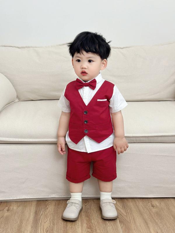 男の子 子供服 夏用 セットアップ 短袖 短パン 偽ベスト 付属 赤 紺 コットン 95% 柔らかい 薄手 純色 かわいい リボン 欧米風 3-8歳 100-140cm 通年対応 軽量 伸縮性 吸湿速乾 日常遊び 赤ちゃん 幼児 男児 トップス ボトムス