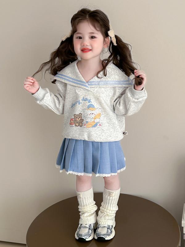 女の子 春夏 秋冬 トップス スカート セット 女児 子供服 長袖 セーラーカラー 百褶 スカート コットン混紡 柔らかい 生地 普通厚 無地 カードプリント カジュアル スタイル 長袖 トップス 長丈 スカート ブルー ピンク 日常着 3-8歳 対応