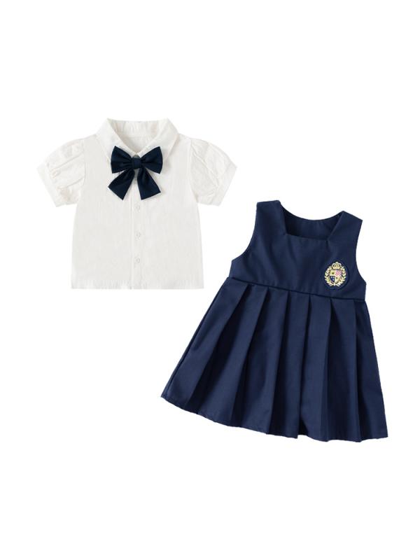 乐天商城 - 女児 ドレス 子供服 夏用 学院風 プリンセスドレス 短袖 ワンピース セット コットン 薄手 薄型 コットン95% 褶皱加工 蝶結び 肩扣き シングルボタン 軽量 吸湿速乾 かわいい 3〜8歳 中小童 90〜130cm 夏 春夏 通学 日常使い 礼服風