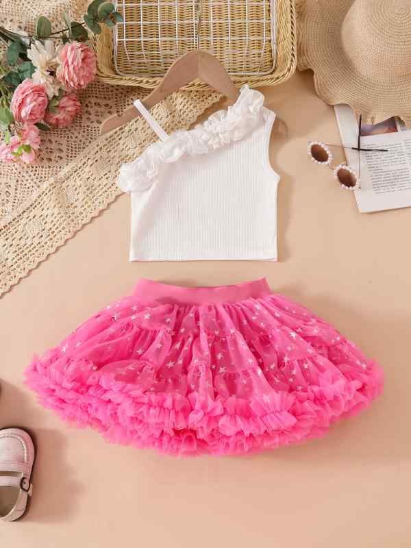 女児 キッズ 女の子 プリンセス チュチュスカート セット 夏 子ども 3〜8歳 中大童 半身 蓬蓬スカート チュール フレア ローズピンク ホワイト 星柄 ナイロン 100% プリーツ加工 プリンセス要素 軽量 通気性 かわいい 姫スタイル